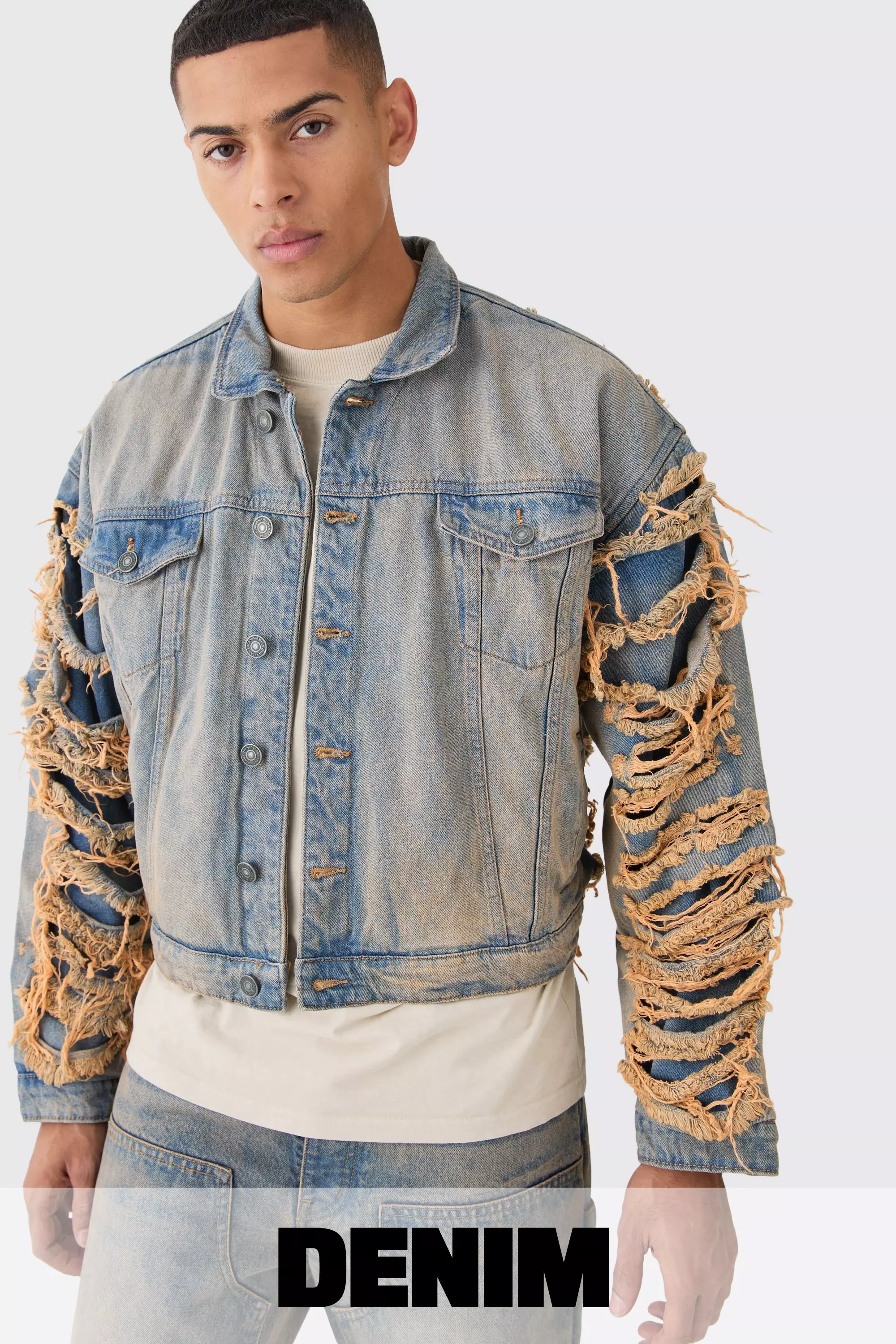 Boxy Fit Extreme Ripped Denim Jacket | boohooMAN USA